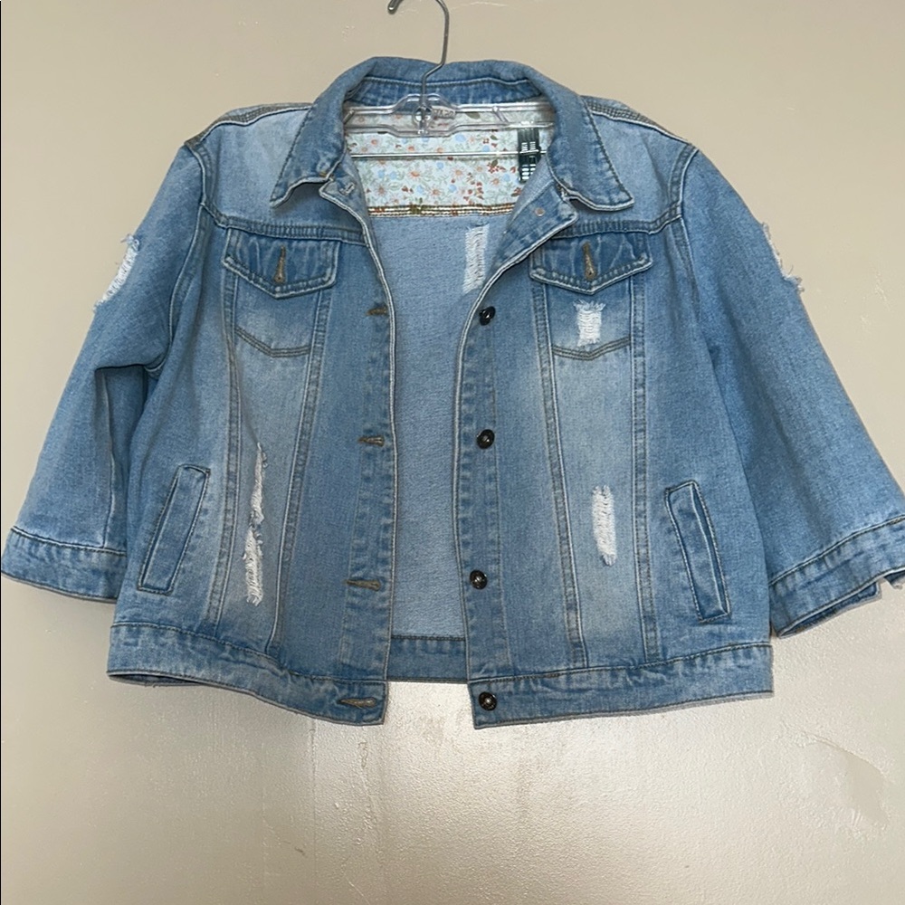 Blue Cropped Jean Jacket with Distressed Details